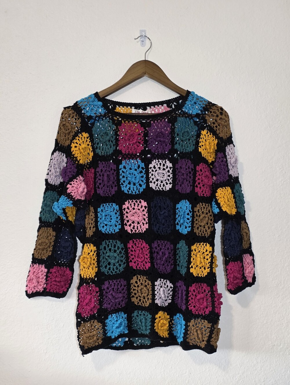 JM Pink Granny Square Crochet Top Womens Small Cotton Multicolor Boho Sweater